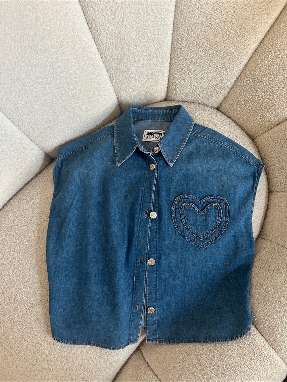 Moschino Blue Denim Button-Up Top with Heart Patch - Picture 1 of 3